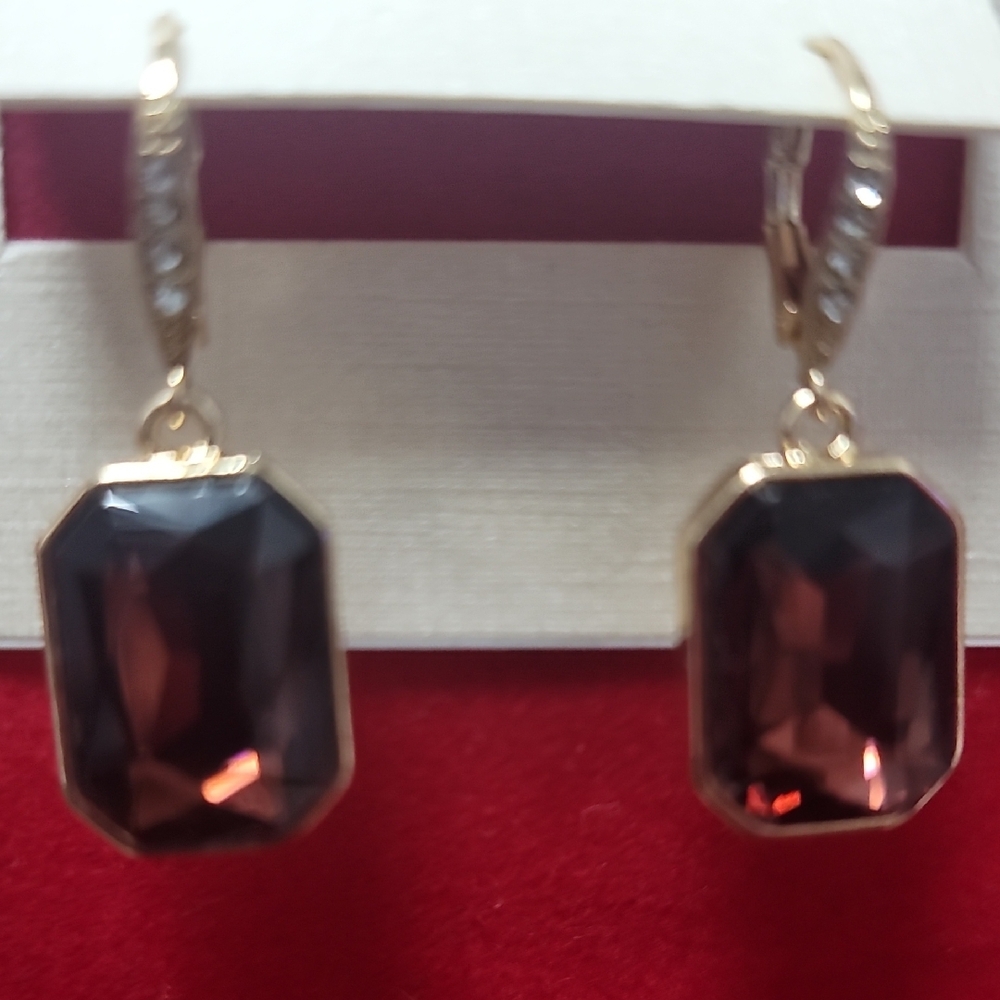 Tahari Gold-Tone Dark Burgundy Emerald-Cut Crystal Drop Earrings - Picture 8 of 11